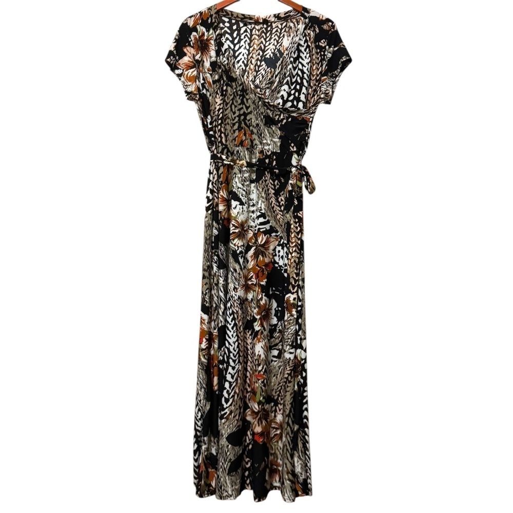 Mlle Gabrielle Black Mixed Floral Print Midi Dress Short Sleeve Tie Belt Dress